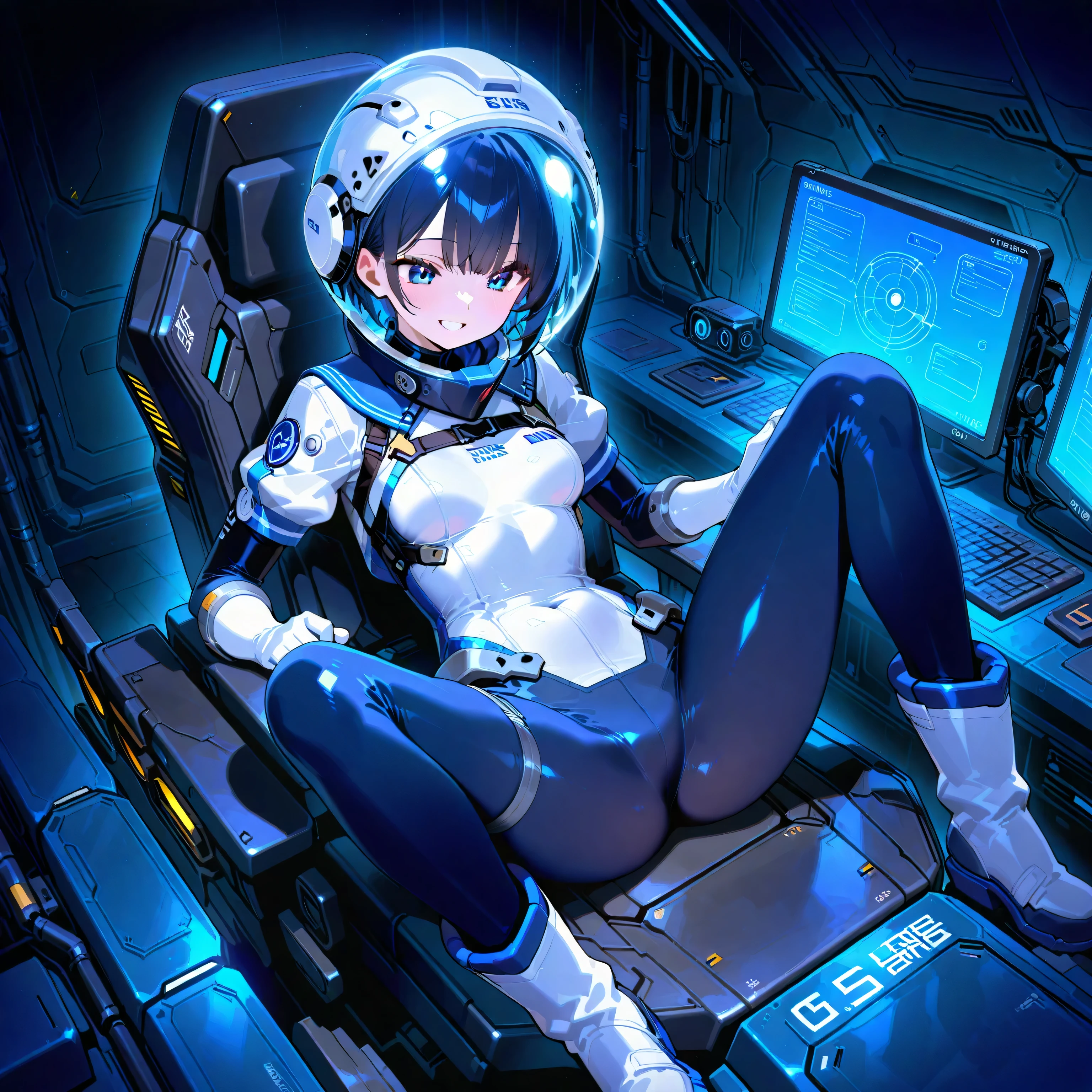 (( holographic glossy effect)),(masterpiece、top quality、highest resolution、 clear _ images、 Detailed Details 、 The angle is from above ): (solo、one girl、the face of Japan、super shortcuts、Dark Blue Haired Girl 、small breasts、（perfect body：1.4）、 sparkling blue eyes 、( White and Navy Shiny Clothes 、White and navy bodysuit、 White and Navy Blue Tight Clothes 、 Wear White and Navy Full Coverage 、 White and Navy Thigh Covering Pants 、White and Navy Shoulder Cover Outfit、 White and Navy Cropped Jacket 、 White and Navy Shiny Clothes 、dark blue tight-fitting pants that hide legs、  hide skin 、Armor to hide the chest、Biological Amplifiers, Refined Armor, Sleek and futuristic bubble war helmet)、very delicate and beautiful、detailed skin from sleeve to chest、slender body、exoskeleton、cute、Friendly Smile、soft expression、heroine、white and navy blue long hard boots、  elbow length gloves  )、Mscockpit,cockpit,fantasy,Romance,action,sci-fi,TEEROR,comics,nfws, hero ,Mecha,Mechanical,Machine,cartoon,Polished floor,around-view monitor