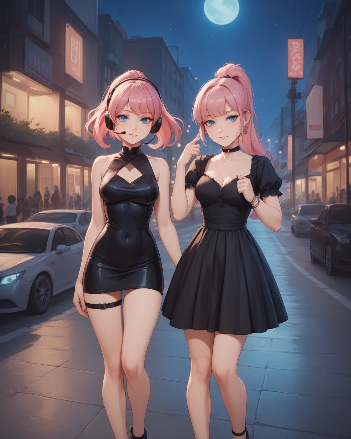 large breast, medium pink hair, black short dress, looking away,