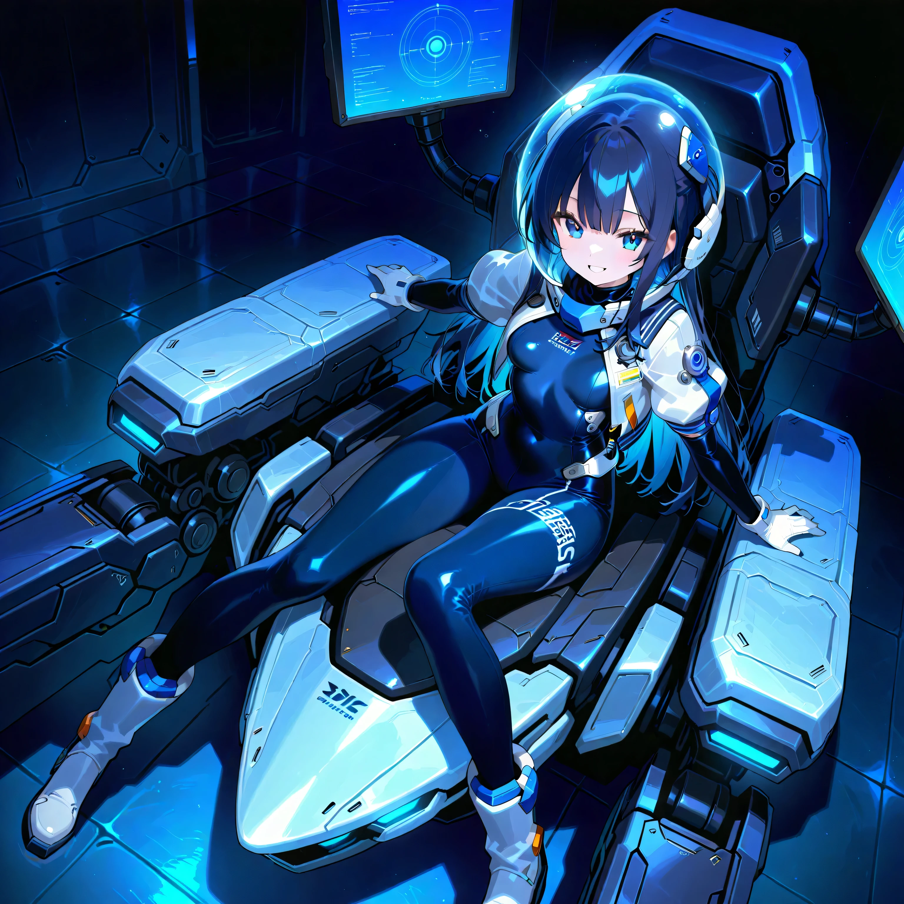 (( holographic glossy effect)),(masterpiece、top quality、highest resolution、 clear _ images、 Detailed Details 、 The angle is from above ): (solo、one girl、the face of Japan、super shortcuts、Dark Blue Haired Girl 、small breasts、(perfect body:1.4)、 sparkling blue eyes 、( White and Navy Shiny Clothes 、White and navy bodysuit、 White and Navy Blue Tight Clothes 、 Wear White and Navy Full Coverage 、 White and Navy Thigh Covering Pants 、White and Navy Shoulder Cover Outfit、 White and Navy Cropped Jacket 、 White and Navy Shiny Clothes 、dark blue tight-fitting pants that hide legs、 hide skin 、Armor to hide the chest、Biological Amplifiers, Refined Armor, Sleek and futuristic bubble war helmet)、very delicate and beautiful、detailed skin from sleeve to chest、slender body、exoskeleton、cute、Friendly Smile、soft expression、heroine、white and navy blue long hard boots、 elbow length gloves )、Mscockpit,cockpit,fantasy,Romance,action,sci-fi,TEEROR,comics,nfws, hero ,Mecha,Mechanical,Machine,cartoon,Polished floor,Full around-view monitor