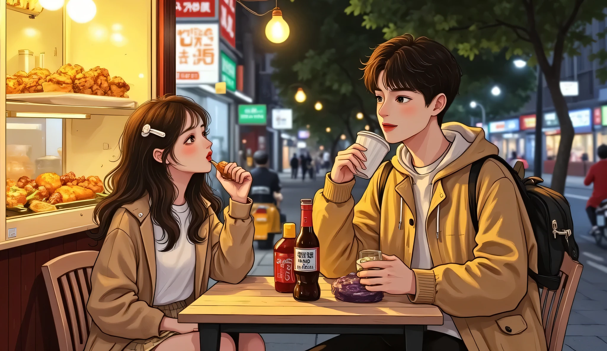 A semi-realistic anime-style scene of a age couple on a casual street food date at night. They are sitting side by side on plastic stools at a small street food stall under warm yellow lights. The girl wears a cute school uniform with a hoodie jacket, doing light Douyin-style makeup, smiling while biting into a spicy meat skewer. The boy is handsome, aloof but attentive, holding a drink and glancing at her. The food stall is full of smoky aroma, grilled skewers, hot sauce, and soda bottles on a plastic table. Background includes neon lights, scooters passing by, moody city night vibe with soft film grain and glow