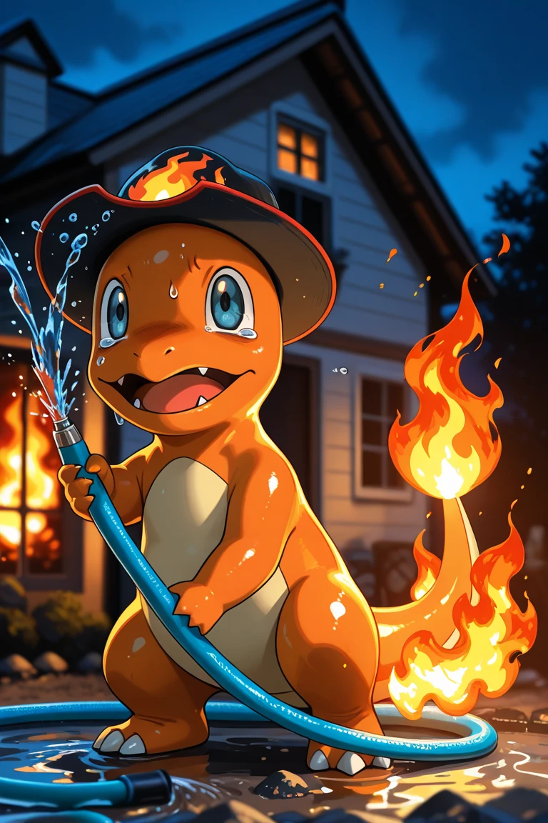 no human, solo, charmander \(pokemon\), fire fighter hat, using a water hose, night, (house on fire:1.5), smokey, blurry, ember, (panicking:1.3), close up,
