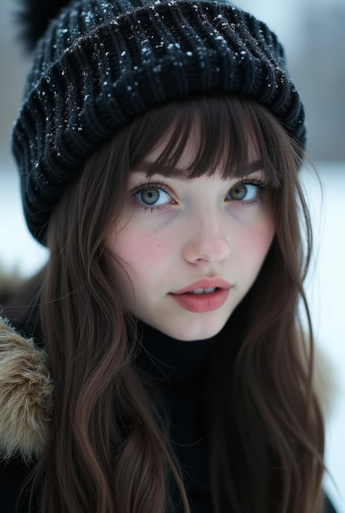 Girl, brown hair, bob haircut, with bangs, purple snow jacket with green sweater inside, hands crossed, slightly serious expression, big eyes, white gloves, blue eyes,