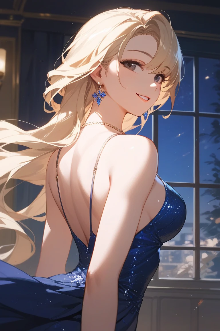 1girl in,Solo, (PrincessPeach), (PrincessPeach), (Blue Dress:1.2), A detailed eye, Blue eyes, Choker,heavy make-up, Glossy lips, Pink lips,Smirk ,Curve ,Windhip,Glossy skin,Oily skin,Beautiful light,Castles,Indoor,Cowboy Shot,close-up,Sitting,on balcony,Night,Covered,Spread legs,Half-closed eyes,blush,sitonthepole