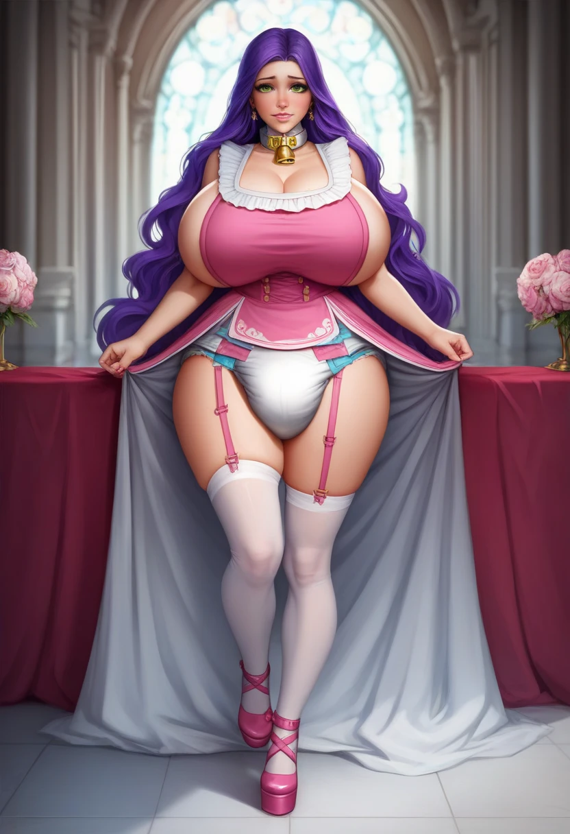 Lucy Pinder, ((VERY INTENSE MAKEUP)), sexy woman, voluptuous, cleavage, (Adele), chubby, lace, purple hair, very long hair, pigtails in hair, horns, white bra, white skirt, white gloves, pantyhose white, smiling.