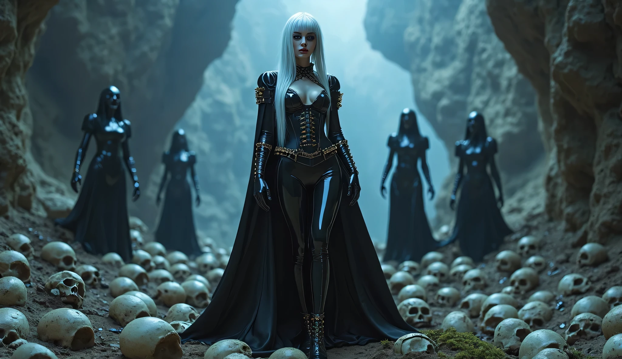 a close up of a person standing in a large group of skulls, still from a fantasy movie, ultra detailed female android, highly detailed and hypnotic, dreads, still frame from a movie, robot guards, nekro, sleek metal head, spectral, prometheus (2012), darkart, inspired by Franciszek Starowieyski --auto --s2