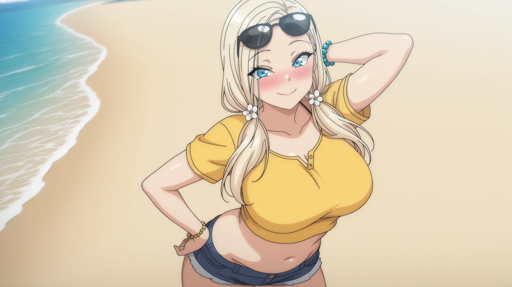 1 girl, reina kurashiki, blonde hair, long hair, big breasts, smiling, blushing, viewer looking, masterpiece, best quality, standing, arm behind head, hand on own hip, twintails, flower in hair, sunglasses, glasses on head, blue eyes, yellow shirt, cropped shirt, short sleeves, blue pants, jean shorts, short shorts, beads, bracelet, belly, outdoors, beach, high quality,
