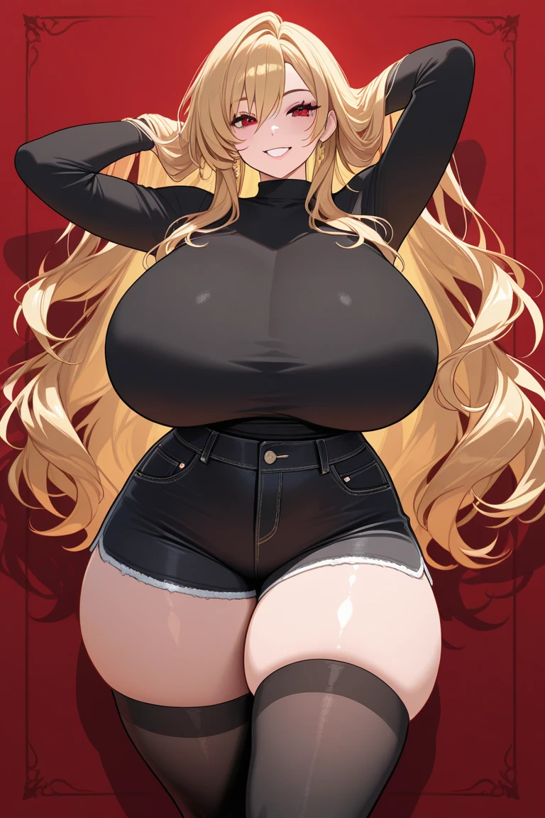 (best quality), (masterpiece), 1 girl, early 20's, huge heavy breasts, busty, massive breasts, thick, thick lips, wide hips, thin waist, wearing black yoga pants, penis bulge, bulge under pants, huge penis, visible penis outline, large testicles, blushing, nerdy girl, girl with glasses