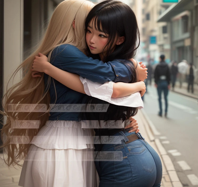 highest quality、4K quality、Woman leaning against wall、woman opens her legs wide、A man hugs a woman from behind、nude crotch、The woman is blonde and slender.、the woman is crying、Woman in summer dress