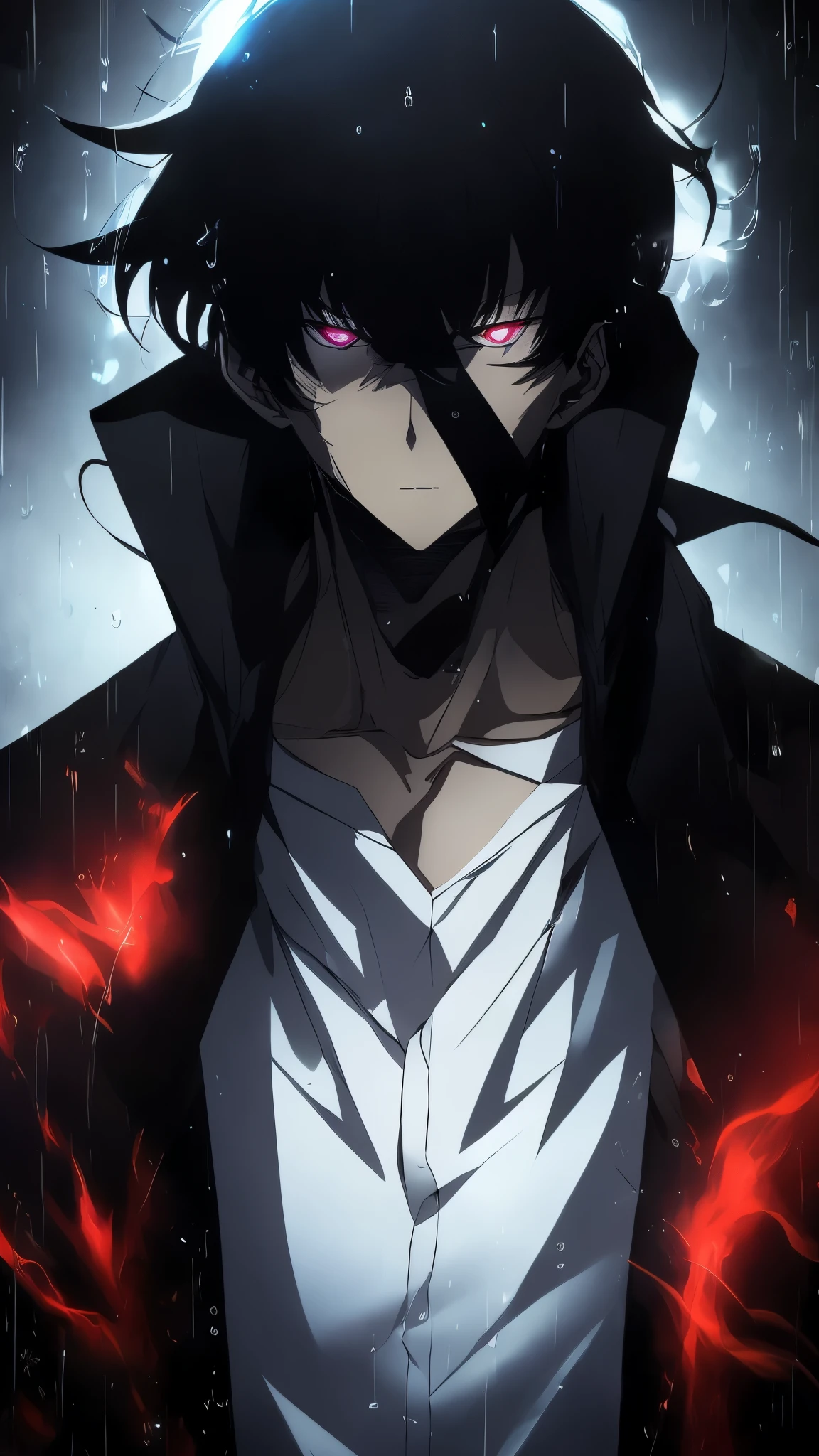 Ultra-detailed, 8K masterpiece portrait of a solo male character inspired by Kaneki Ken from Tokyo Ghoul, in the art style of Solo Leveling. White short hair, red glowing eyes, pale skin, cinematic lighting, strong depth of field. Wearing a black hood up, drenched in rain, standing alone in a dark Tokyo cityscape. Bangs covering part of face, intense gaze looking at viewer, moody and dramatic expression. Dark nail polish, luxurious fabric textures on clothes, ray tracing reflections, ultra-sharp details, high contrast shadows, ethereal atmosphere. Solo focus, male protagonist aesthetic, anime style with a modern, powerful twist.