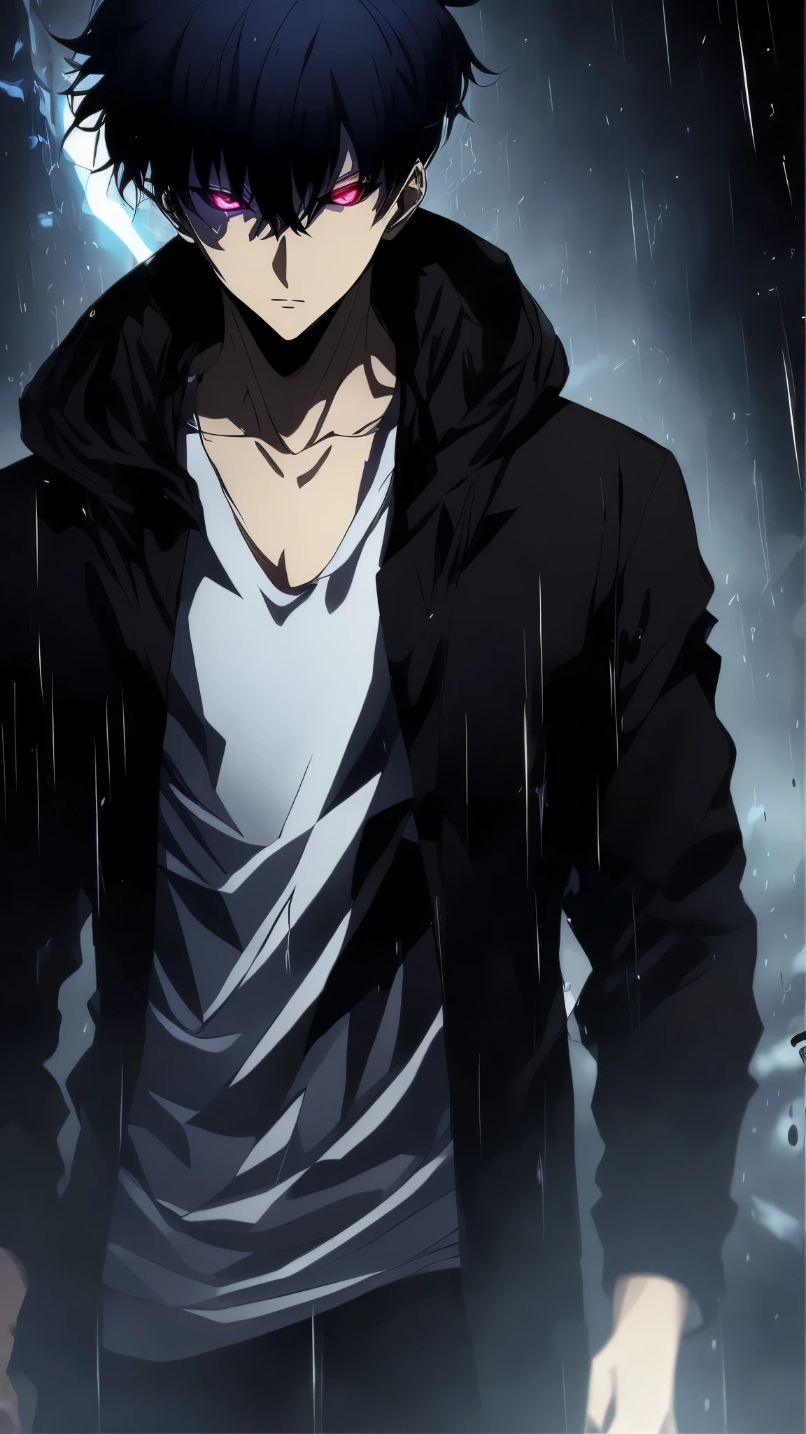 Ultra-detailed, 8K masterpiece portrait of a solo male character inspired by Kaneki Ken from Tokyo Ghoul, in the art style of Solo Leveling. White short hair, red glowing eyes, pale skin, cinematic lighting, strong depth of field. Wearing a black hood up, drenched in rain, standing alone in a dark Tokyo cityscape. Bangs covering part of face, intense gaze looking at viewer, moody and dramatic expression. Dark nail polish, luxurious fabric textures on clothes, ray tracing reflections, ultra-sharp details, high contrast shadows, ethereal atmosphere. Solo focus, male protagonist aesthetic, anime style with a modern, powerful twist.