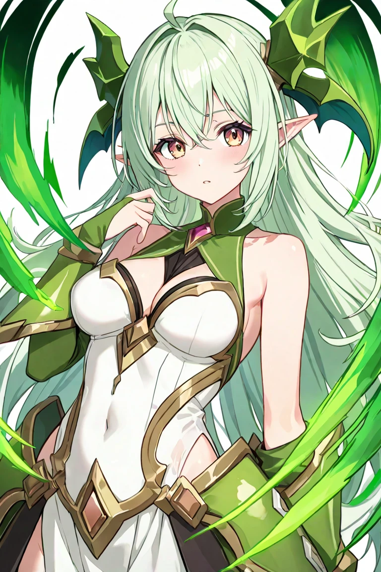 Anime woman with long green hair, blushing
