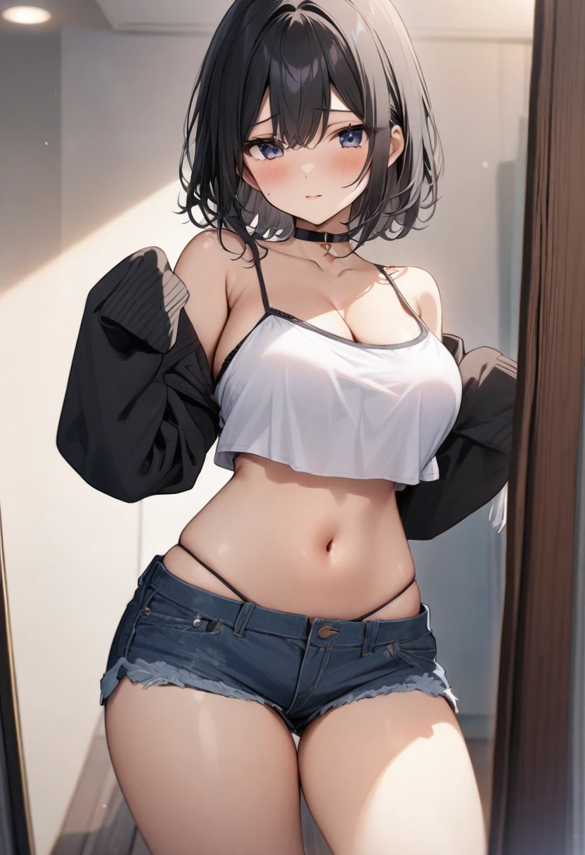 masterpiece, best quality, absurdres, 1girl, solo, blue hair, red eyes, short hair, hair between eyes, cropped shirt, white shirt, navel, collarbone, grey panties, ass visible through thighs, smile, blush, indoors, bedroom