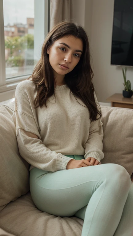 Best quality, masterpiece, super high resolution, a super model posing in a cream jumper. She is sitting down on her sofa