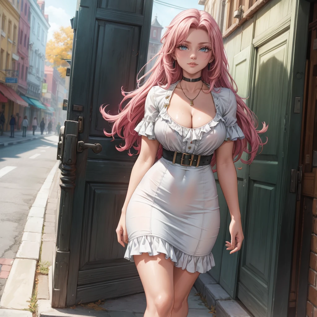 Masterpiece, beautiful art, 8k, art style by sciamano240, very detailed face, detailed hair, detailed clothes, detailed fabric, 1girl, beautiful face, long hair, hot pink hair , model head shot, facing camera, very detailed green eyes, sultry smile, wearing classy fall clothes, white dior thigh boots, white pencil skirt, walking , out shopping, necklace, chocker, rosey cheeks, sunny fall setting, full body view, photorealistic, indirect lighting, volumetric light, ray tracing, hyper-detailed, best quality, ultra-high resolution, HDR, (8k, Best Quality, Masterpiece:1.2), Ultra Detail, RAW Photo, Super Resolution, Professional Photo, Extremely Detailed and Beautiful, lot of drool, sweat, belly inflation