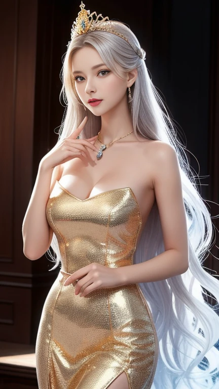 HD photos,lifelike,Ultra high resolution large files,8k high quality wallpaper,10x pixels,CG wallpaper,细节Clearlifelike,female portrait,Super fine,Super fine details:1.1,Advanced technical details:1.1,动态姿势美丽Sexy女人,一个Sexy,Royal sister style,Mixed-race females,Long white and silver hair,他有一头Long white and silver hair,Clearlifelike的头发,Clear的发丝,Delicate eyelash makeup,Be careful with your eyes and face,beautiful fine eyes,Thin eyebrows,Super fine致养眼性感大红唇,mature face,Exquisite face makeup,detailed facial work,, pretty face, Perfect face proportions,(Advanced facial details:1.1)perfect body shape,perfect body proportions,rough numbers,mannequin,一系列shining液体金色奢华礼服,Light gold sequin dress,sequined jacket,shining,tight long skirt,Summer sexy hip-hugging fishtail sleeveless commuter maxi skirt,Horse socks 100%Oil Pastel Tray Glossy Silk Surface 8D Black Silk Women's,High heel,Beautiful long dress,Wonderful DRESRIGHT light golden red series,High fashion clothing series,dress photography,Authentic clothing items,Slim,Sexy,jewelry,necklace,ear nipple ring,bracelet,indoor background,In the banquet hall,Women's artwork,Full body video dressed,Reality感,amazing (Egiosar:1)(Korean Idol face)Adult photography,Light gold series,Bright red satin dress,Reality摄影,Reality、Clear,fashion art,dress goddess,Women's artwork,full body view,fantasy art,First class boutique,High level of detail engineering