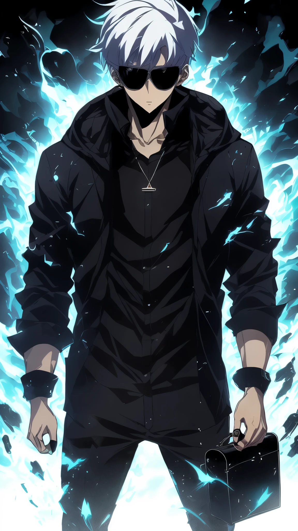 The highly detailed action character blister packaging design features a solo male anime character inspired by Kaneki Ken from Tokyo Ghoul, the full-body character at the center. He has short messy black hair, bright red eyes, pale skin, a black hooded jacket, dark pants, combat boots, and dark nail polish. Accessories are neatly arranged around him: a black tactical knife, a futuristic shotgun, dark sunglasses, a silver necklace, and a leather bag. Dark and atmospheric background design with glowing city elements, cinematic shadows, and high contrast. The label at the top reads "SHADOW HUNTER" in a modern bold font. The packaging is stylish, collectible, and presented like a box of high-end anime action characters.