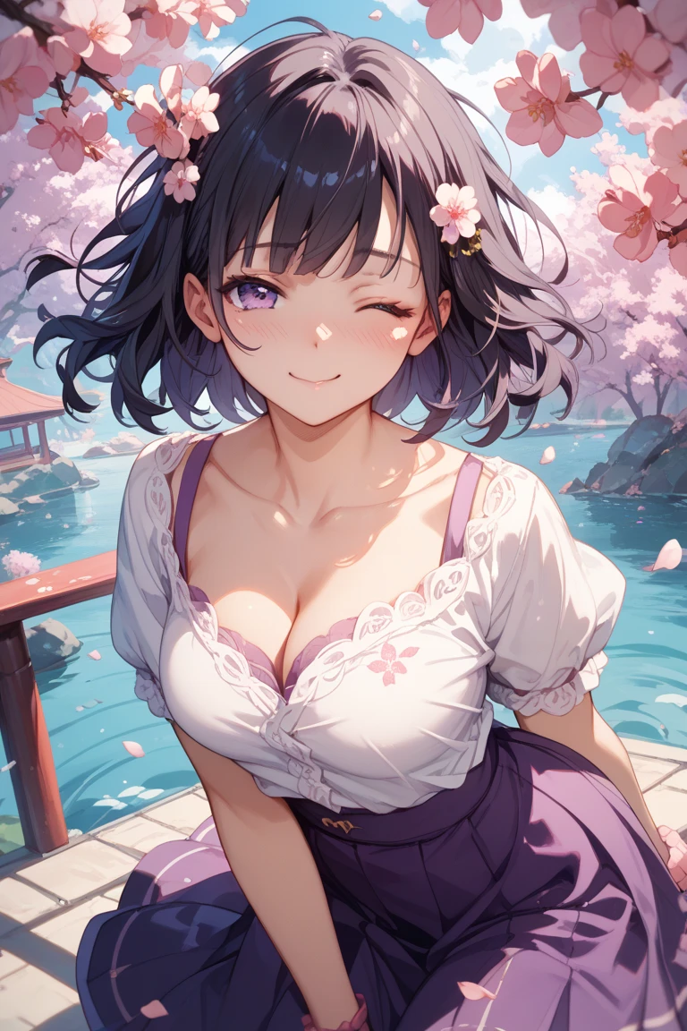 masterpiece, high quality, 16k resolution, detailed, beautiful anime girl, large breasts, slender waist, pale skin, , black hair, bob cut, fine hair, simple clothing, white T-shirt, no accessories, walking in neon-lit night city, spring season, comfortable weather, (((discovering beautiful night cherry blossoms))), neon lights, joyful expression, smiling, looking up at sakura, stunning smile, captivating eyes, delicate face, artistic, emotional depth, serene atmosphere, detailed background, vibrant colors, breathtaking beauty