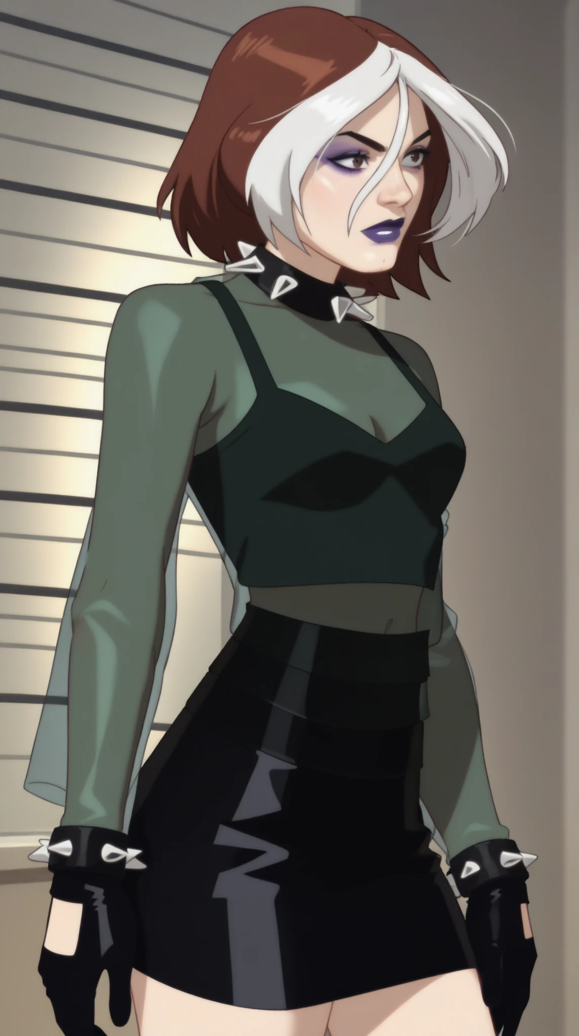 source _ cartoon , score_9, score_8_up, score_7_up, score_6_up, score_5_up, score_4_up, BREAK, perfec eyes, perfect face, 1girl, 1 girl, rogue, wonder, multicolored hair, brown hair , brown eyes , white hair , black leather gloves, purple lipstick , purple eye shadow, green eyes, transparent shirt, skirt, spiked necklace , spiked bracelets , dynamic pose, dynamic shot, mugshot