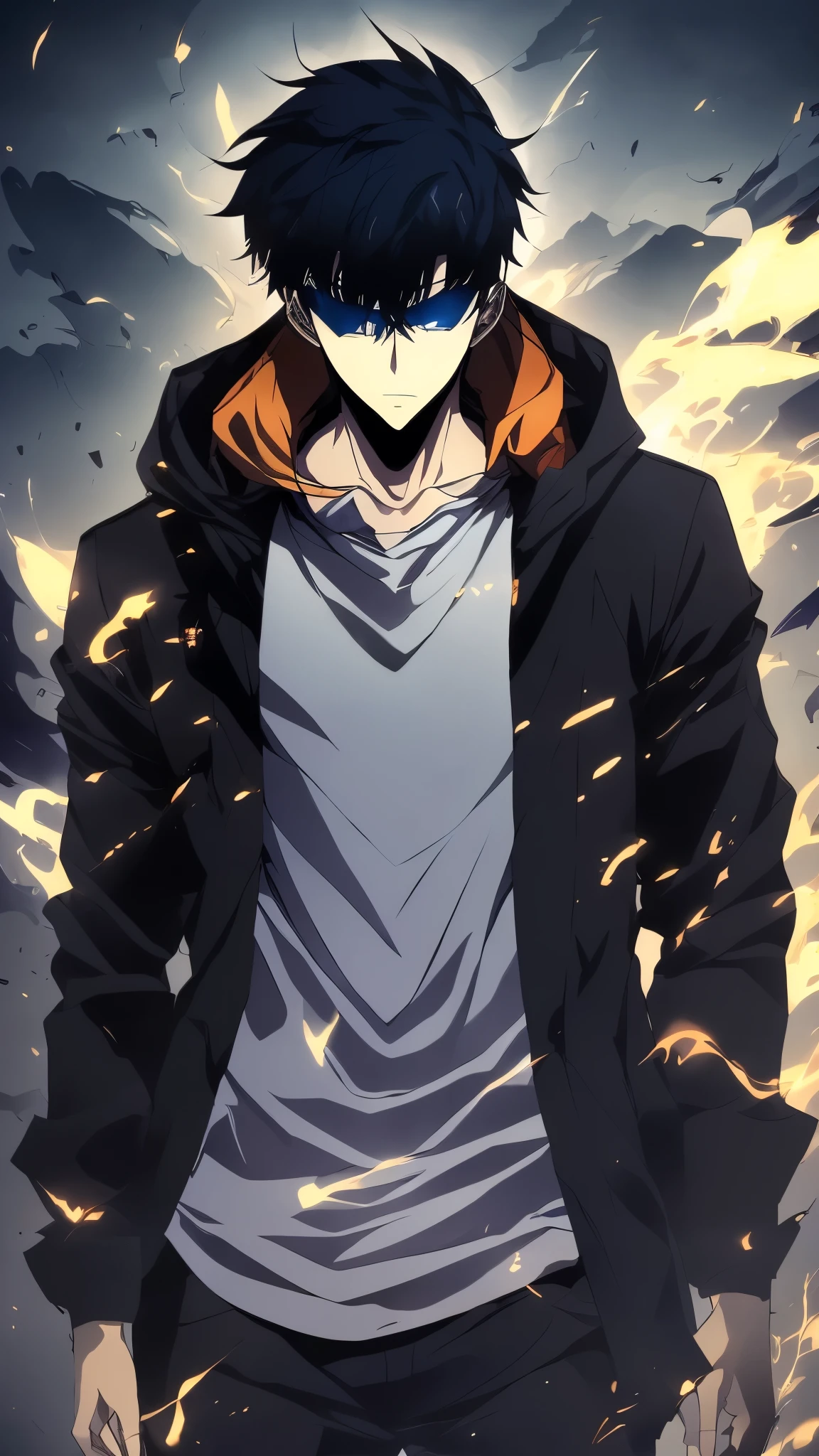 The highly detailed action character blister packaging design features a solo male anime character inspired by Kaneki Ken from Tokyo Ghoul, the full-body character at the center. He has short messy black hair, bright red eyes, pale skin, a black hooded jacket, dark pants, combat boots, and dark nail polish. Accessories are neatly arranged around him: a black tactical knife, a futuristic shotgun, dark sunglasses, a silver necklace, and a leather bag. Dark and atmospheric background design with glowing city elements, cinematic shadows, and high contrast. The label at the top reads "SHADOW HUNTER" in a modern bold font. The packaging is stylish, collectible, and presented like a box of high-end anime action characters.