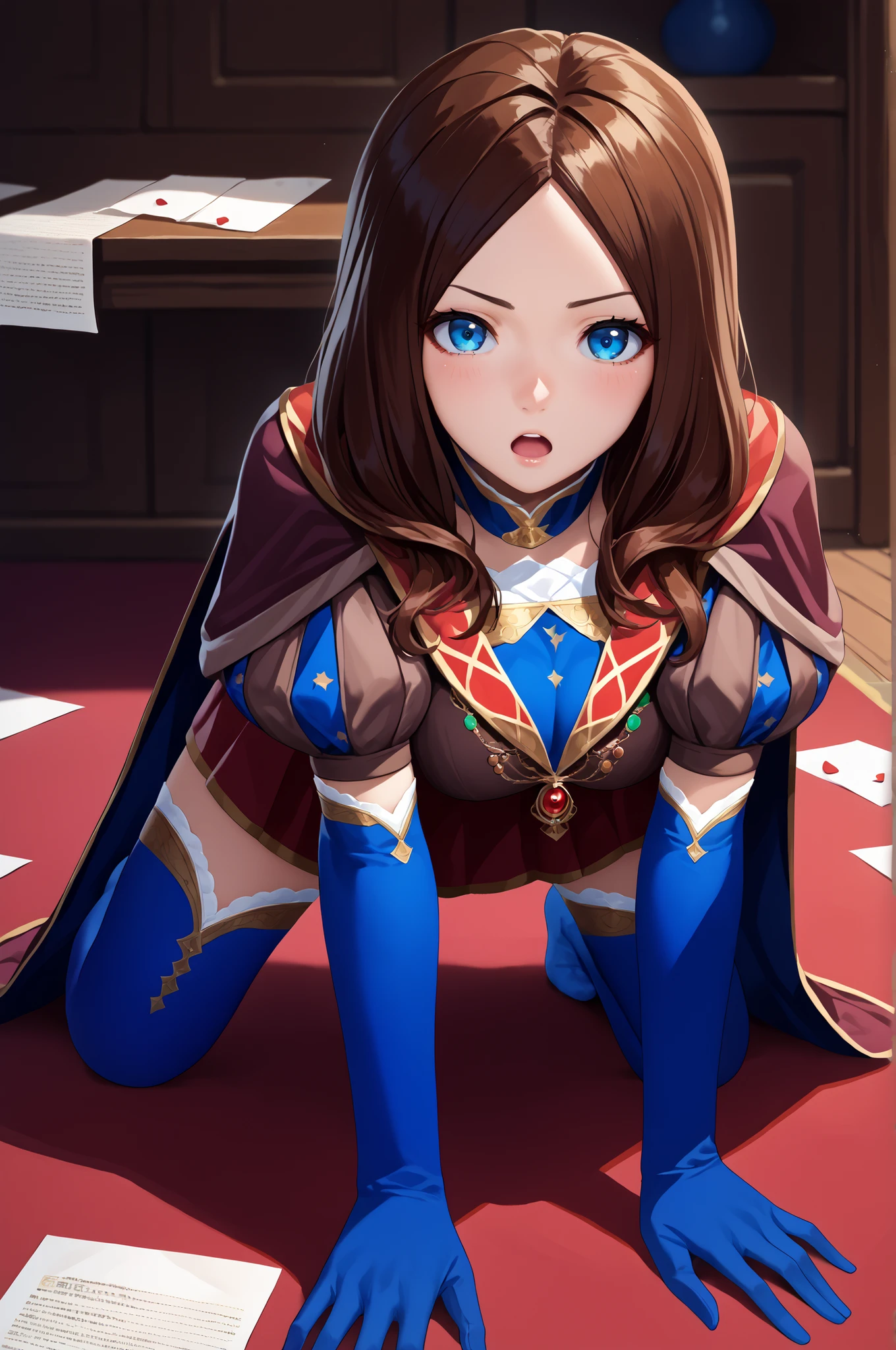 score_9, score_8_up, score_7_up, score_6_up, source_anime, 1girl, solo  leodv, brown hair, long hair, parted bangs, blue eyes, brown dress, short puffy sleeves, red skirt, blue gloves, elbow gloves, blue thighhighs, cape, big breasts, all fours, looking at you, open mouth, blush, indoors, papers, on ground