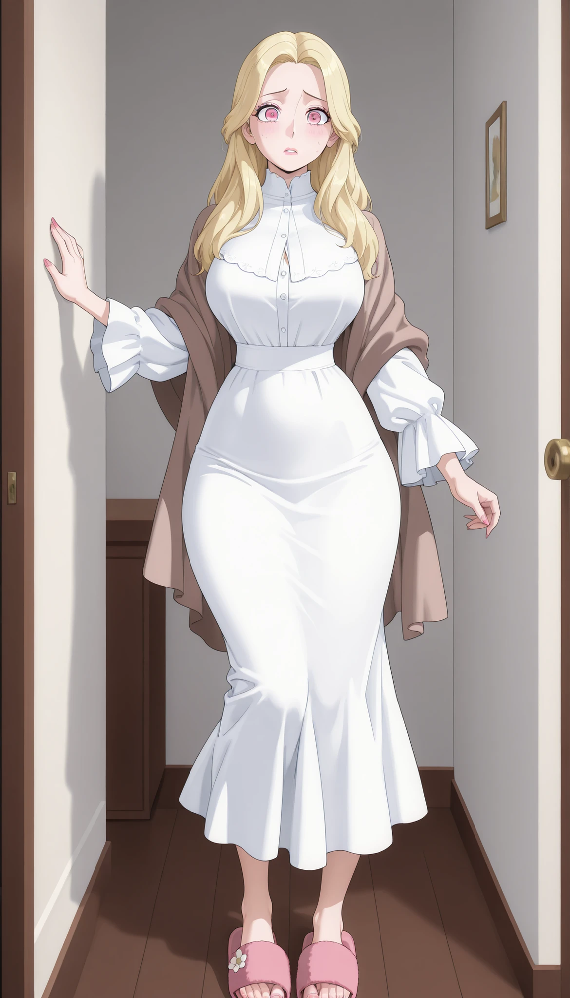 A mature beautiful woman with blond hair, extremely fair white natural skin, big pink eyes, red plump glossy lips, pink nails, a small waist, and a perfect slim yet curvy body. She's only wearing a long ankle-length white garment with full flared sleeves, chest buttons, a thin brown shawl over her shoulders, and slippers. She's standing straight, coming out of a room, one hand to her chest, and a worried expression. Show her full body and super hyper-detailed.