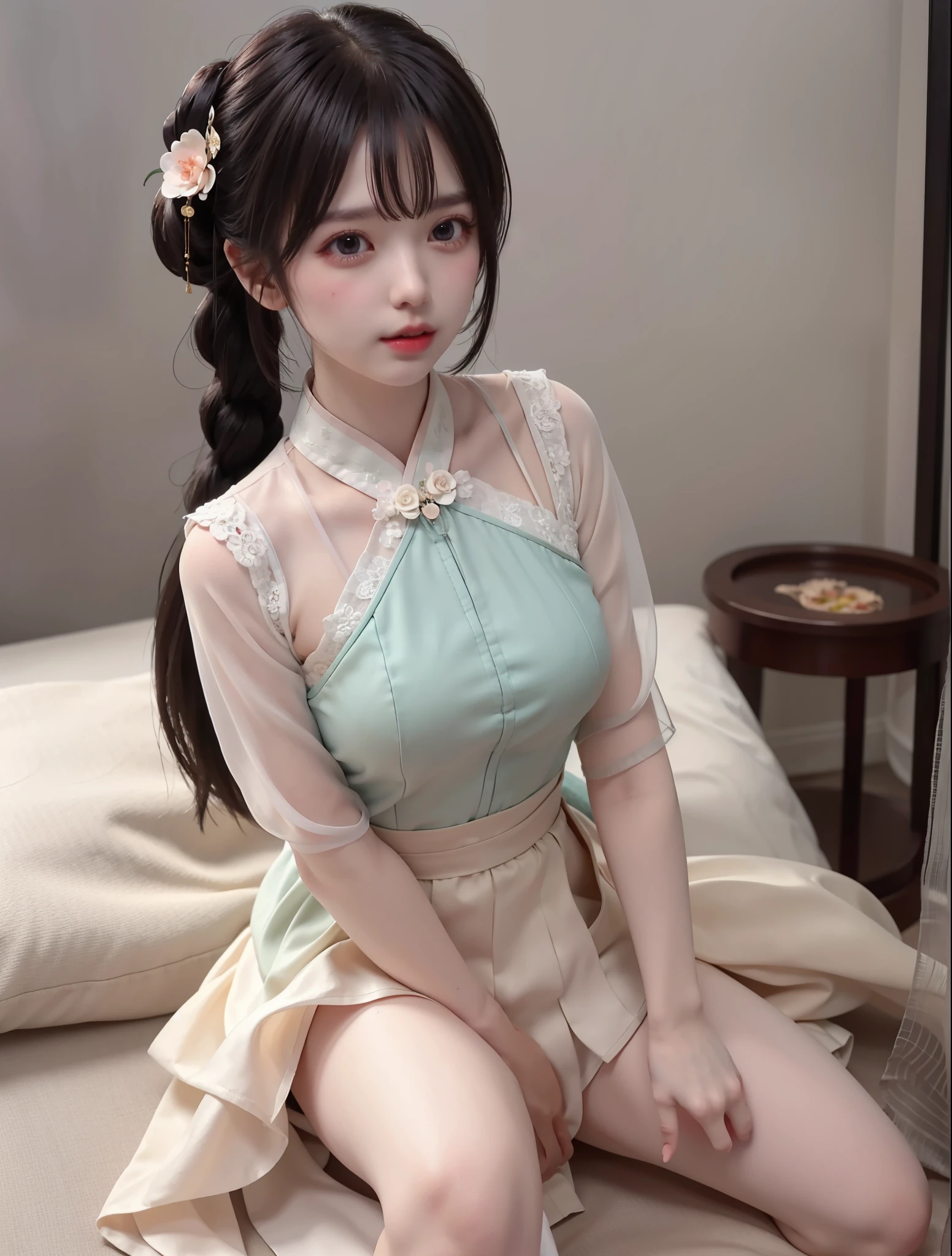 Master quality, highest quality, best picture quality, exaggerated details, a cute 8 year old asian little girl with a shy expression, slightly squinted eyes, adjusting her hair, long eyelashes (long hair / very, very exaggerated big breasts, big tits / in  petticoat dress tissue,  ), posing sit in front of the camera, wet breast hanfu  open v chest clothes, full body xianxia, gold detail art.