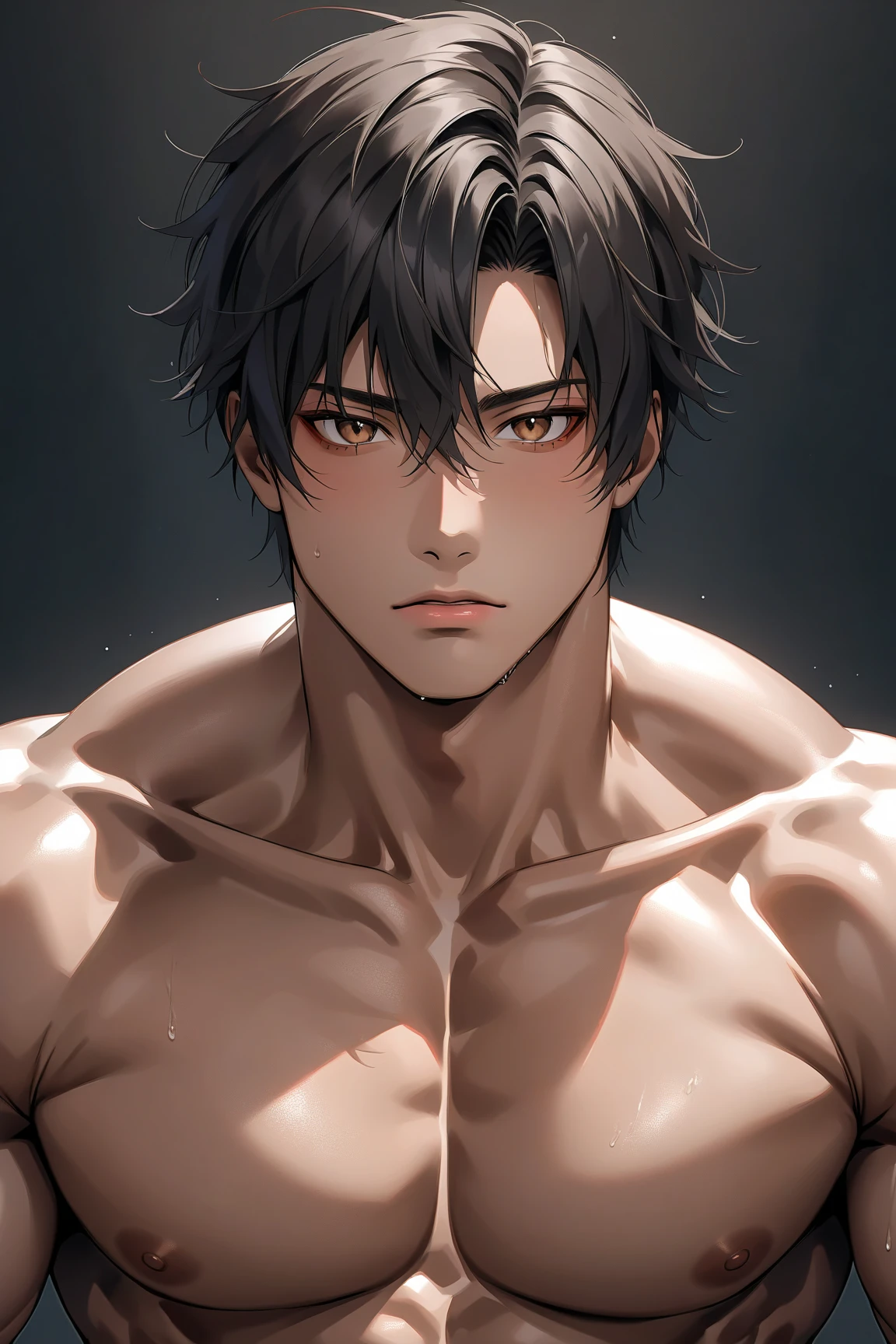 (masterpiece, High resolution, Super detailed:1.0), (1 male, Adult male, 27 years old, Soft and handsome face), Very high, the right amount of muscle, Detailed face, (black hair, medium long hair, Center parted bangs), (blue eyes, Sagging eyes, Hanging eyes, long eyelashes), (Wearing only a half-open white shirt, Black and gray cotton pants, Show some muscle), (Slightly red cheeks, sweat, Playful, Seductive smile:1.3), (light black background, front, looking at the audience), (SuperQuality:1.0)