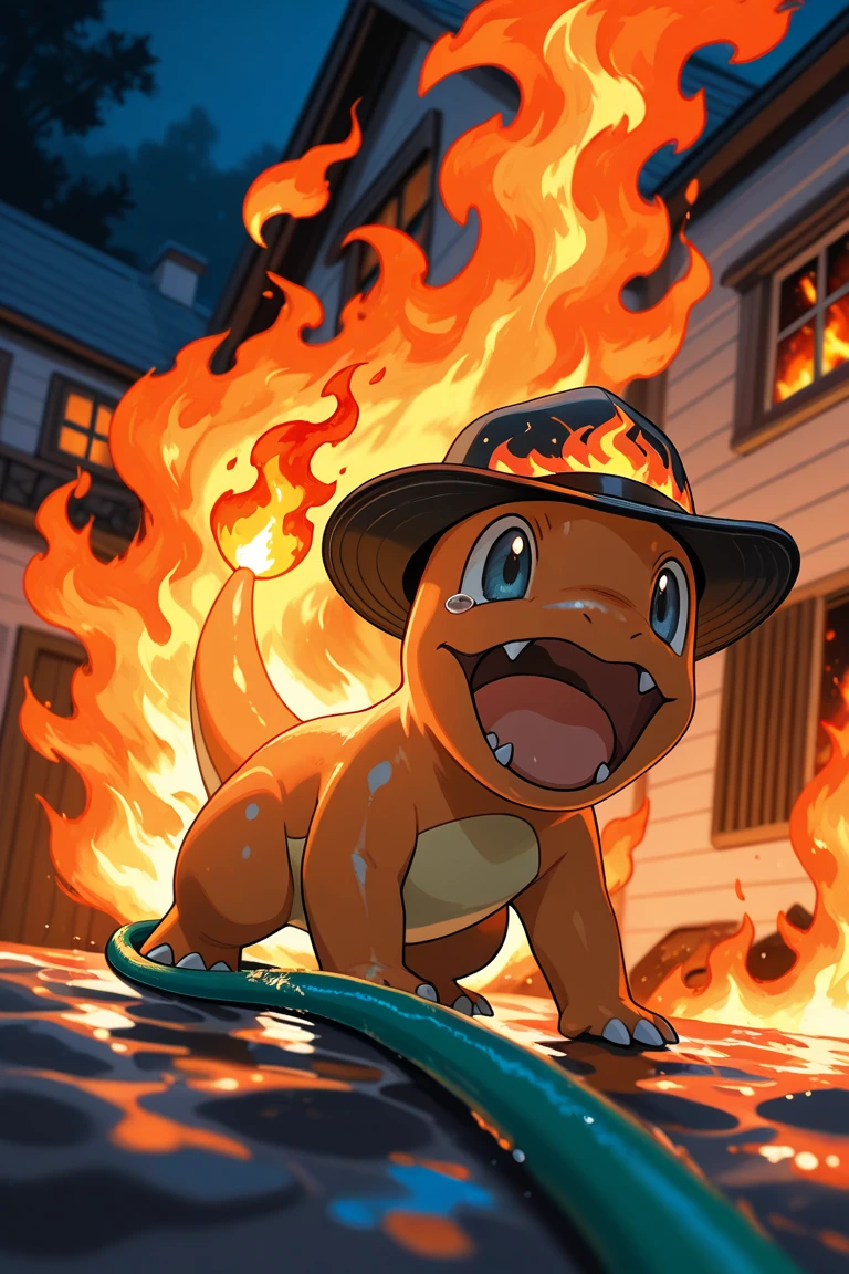 no human, solo, charmander \(pokemon\), fire fighter hat, using a water hose, night, (house on fire:1.5), fiery background, fiery foreground, smokey, blurry, ember, (panicking:1.3), close up,