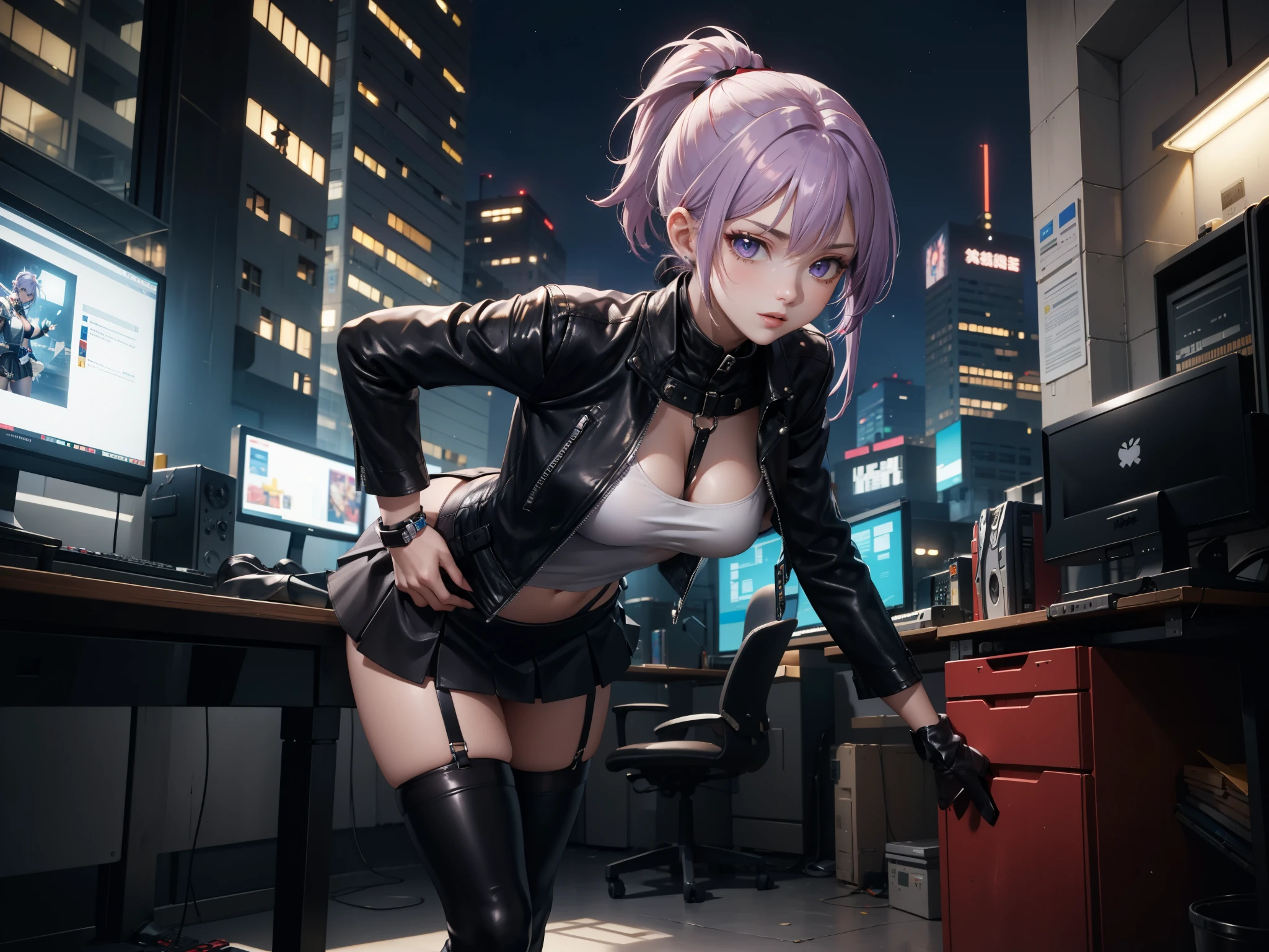 (masterpiece, better quality, detailed), a chic, Alone, standing, sexy pose, ((body leaning forward)), ojos detaileds, purple eyes shirt, Lavender hair short ponytail, Love, medium breasts, sensual lips, ((harness on the torso)), ((black leather jacket)), (black gloves, ((short school miniskirt)), ( brown stockings), (black boots), room with cyberpunk style gamer computer, (at night)