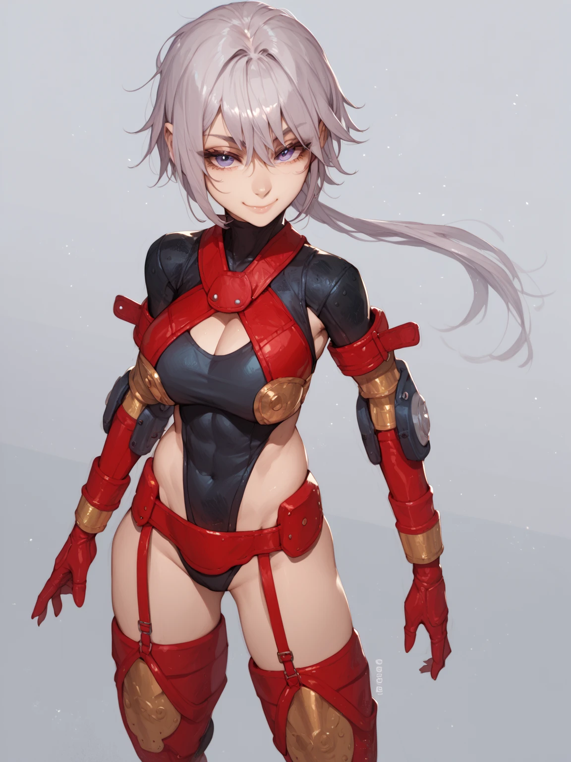 ((((masterpiece, best quality, high resolution)))), 1girl, , white hair, red eyes, short wavy hair, average breasts, blush, ahegao, angry, glow, thighs, bare shoulders, collarbone, narrow waist, cleavage, (beautiful detailed face, beautiful detailed eyes), OrigFullArm, full armed, cape, mechanical armor, highleg leotard, Origleotard, thighhighs, breasts exposed, nude