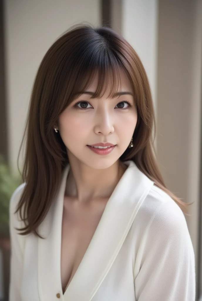 (top-quality, 16K, ​masterpiece:1.3), (ultra detailed), (masterpiece), (best quality), Highest quality, Realistic, surreal, Highest quality, Extremely detailed CG, Very delicate, 16K wallpaper, High resolution, A female manager working for a top company, 3, Very small mole on face, UNTITLED business suits, A very simple necklace, Japanese office with large windows, Japanese, slender body, very detailed, detailed fingers, detailed hands, detailed eyes, detailed legs, accurate and perfect human anatomy, real human skin, BREAK ((upper body:1.5)), ((look into the viewer's eyes:1.5)), ((looking at viewer:1.5)), ((Front view:1.5)), ((from front:1.5)),