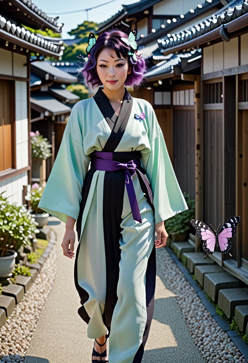 A girl who has her back, in an Asian style room, She is taking off her kimono and is not wearing any clothing underneath., she has short green hair, purple eyes and is staring from the corner.