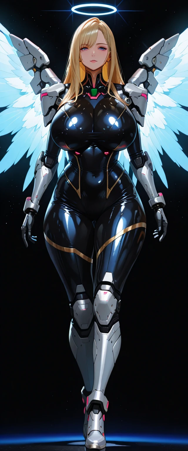 (white background:1.2) "Selena Gomez, Chun-Li V2.1, fusion, Whole body, dynamic pose, floating hair, powerful expression, blue and white wrestling suit, White boots, Leggings negros, Angel wings, cosmic background, neon lighting, Detailed face, bright Eyes, Perfect skin, Realistic proportions, 8k, Unreal Engine, photorealistic, detailed skin texture, masterpiece, Best Quality."