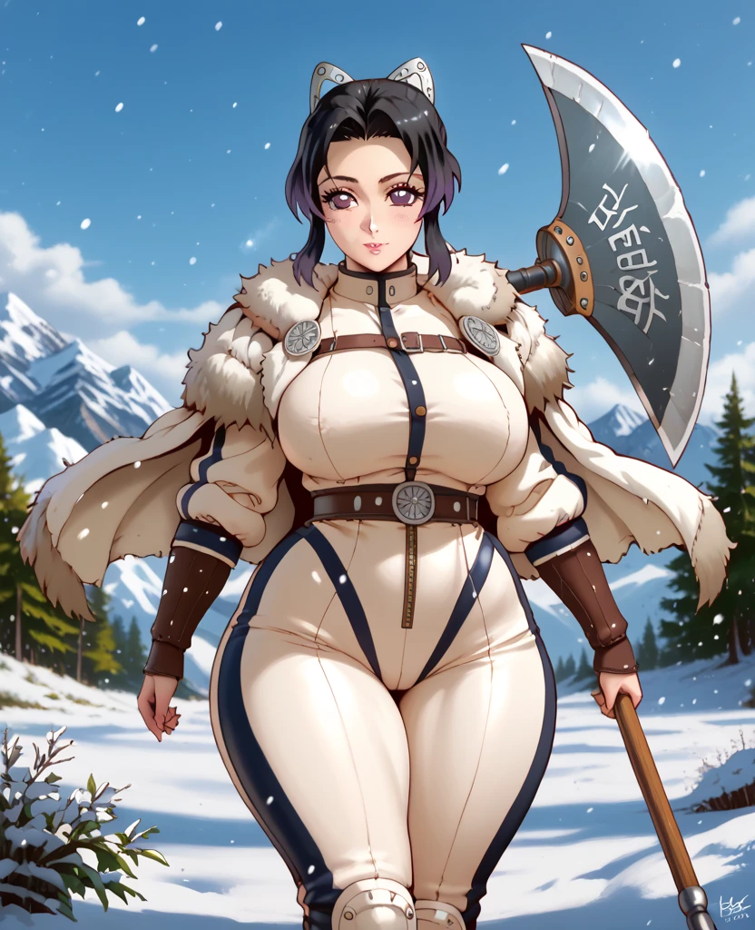 1girl, nsfw, Deuce, green eyes, long hair, Medium hair, brown hair, cape, red scarf, large breasts, nipple, , Peeing, lactation, projectile lactation, frozen, wet, crying ,, Naked, , (1girl) ,solo, wilderness