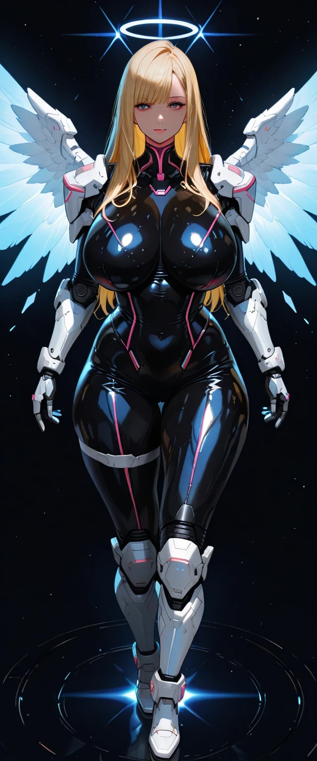8k ((full body view:1.4)) (large eyes:1.3), defined cheekbones, 1woman, ((the pit style:1.4))((defined jawline:1.2)) ((sleek chrome bodysuit:1.6)) (detailed face:1.5), blue skin,(puffy lips:1.5) (blue skin:1.6), (bald woman:1.7), (skinhead) ((stands confident)),(Muscular:1.3), ((gigantic breasts:1.6)) ((front view:0.6)), )highly detailed, majestic, digital photography, art by artgerm and ruan jia and greg rutkowski, ((metal wings on back:1.4)), (masterpiece, sidelighting, intricate details, (((black color palette)))