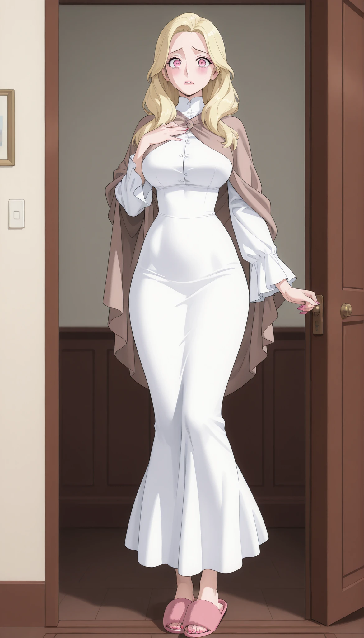 A mature beautiful woman with blond hair, extremely fair white natural skin, big pink eyes, red plump glossy lips, pink nails, a small waist, and a perfect slim yet curvy body. She's only wearing a long ankle-length white garment with full flared sleeves, chest buttons, a thin brown shawl over her shoulders, and slippers. She's standing straight, coming out of a room, one hand to her chest, and a worried expression. Show her full body and super hyper-detailed.