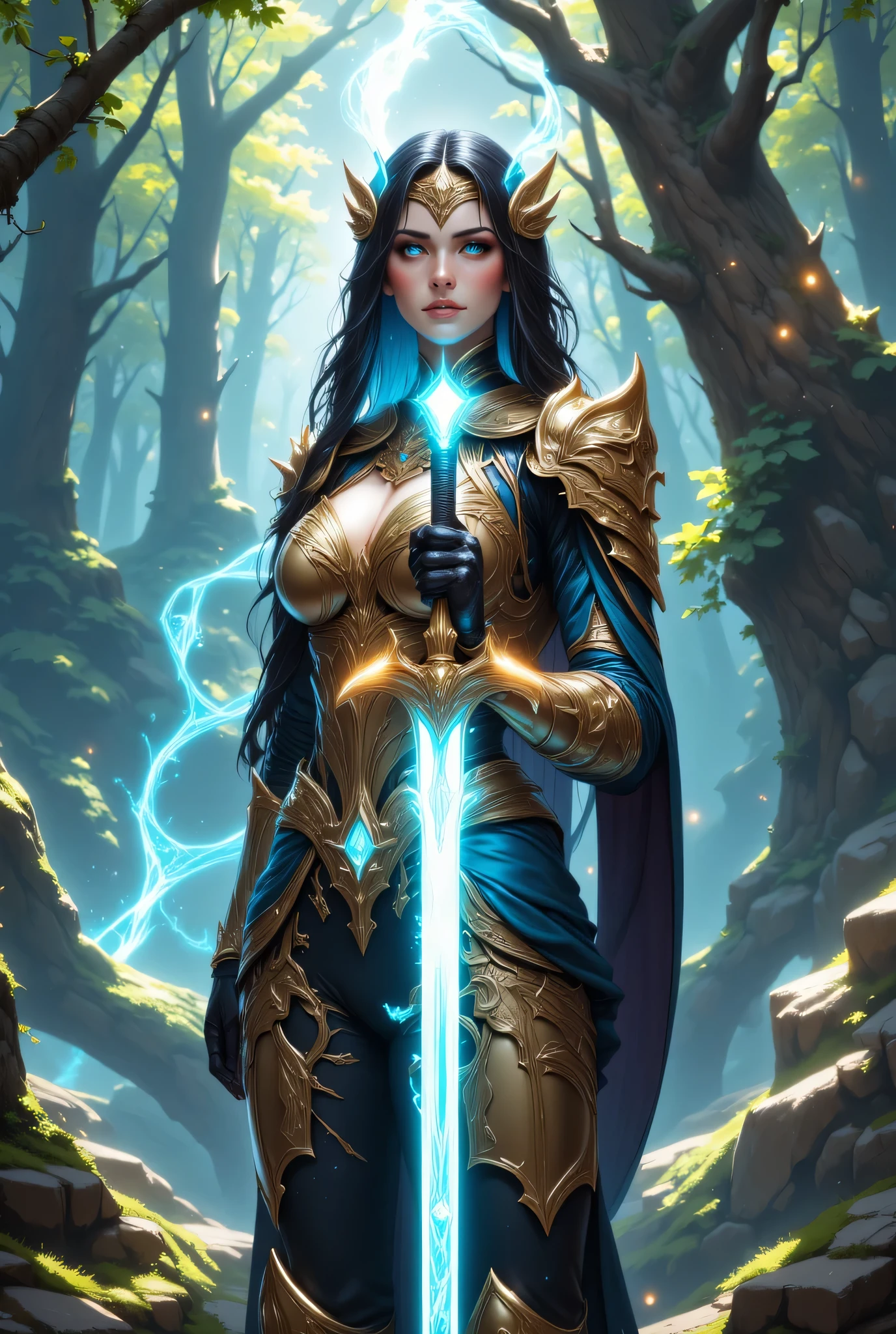 a picture of woman paladin of nature protecting the forest, a woman divine knight, full body, ultra detailed face, perfect body,  ultra feminine, pale skin, black hair, long hair, blue eyes, body, intense eyes, wearying heavy armor, divine armor, flowing cloak, long cloak, armed with a sword, glowing sword, radiant sword, fantasy forest background, D&D art, RPG art, magical atmosphere magic-fantasy-forest, ultra best realistic, best details, best quality, 16k, [ultra detailed], masterpiece, best quality, (extremely detailed), ultra wide shot, photorealism, depth of field, hyper realistic painting, fantasy art, realistic art,((best quality)), ((masterpiece)), (detailed), perfect face, dweapon