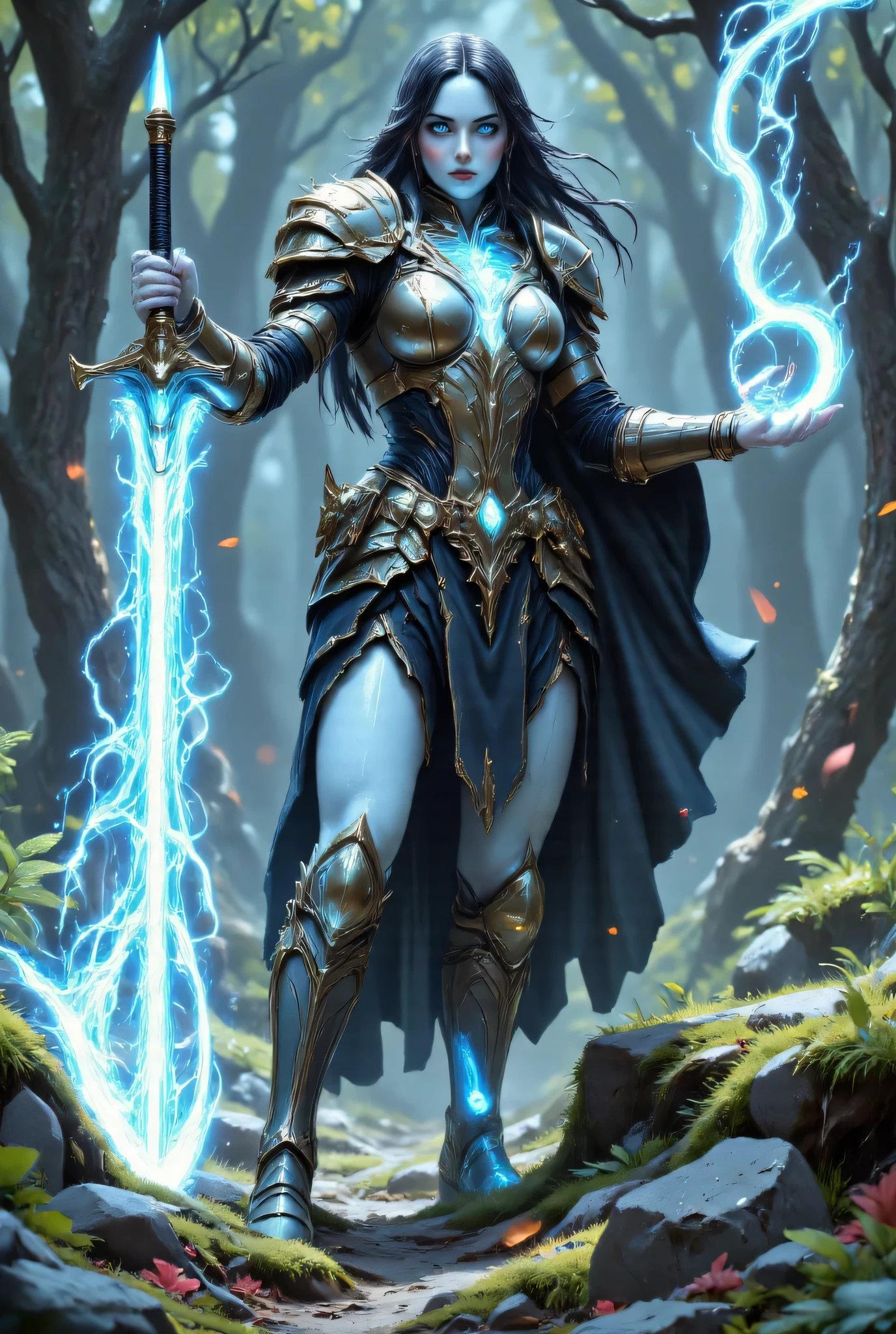 a picture of woman paladin of nature protecting the forest, a woman divine knight, full body, ultra detailed face, perfect body,  ultra feminine, pale skin, black hair, long hair, blue eyes, body, intense eyes, wearying heavy armor, divine armor, flowing cloak, long cloak, armed with a sword, glowing sword, radiant sword, fantasy forest background, D&D art, RPG art, magical atmosphere magic-fantasy-forest, ultra best realistic, best details, best quality, 16k, [ultra detailed], masterpiece, best quality, (extremely detailed), ultra wide shot, photorealism, depth of field, hyper realistic painting, fantasy art, realistic art,((best quality)), ((masterpiece)), (detailed), perfect face, dweapon