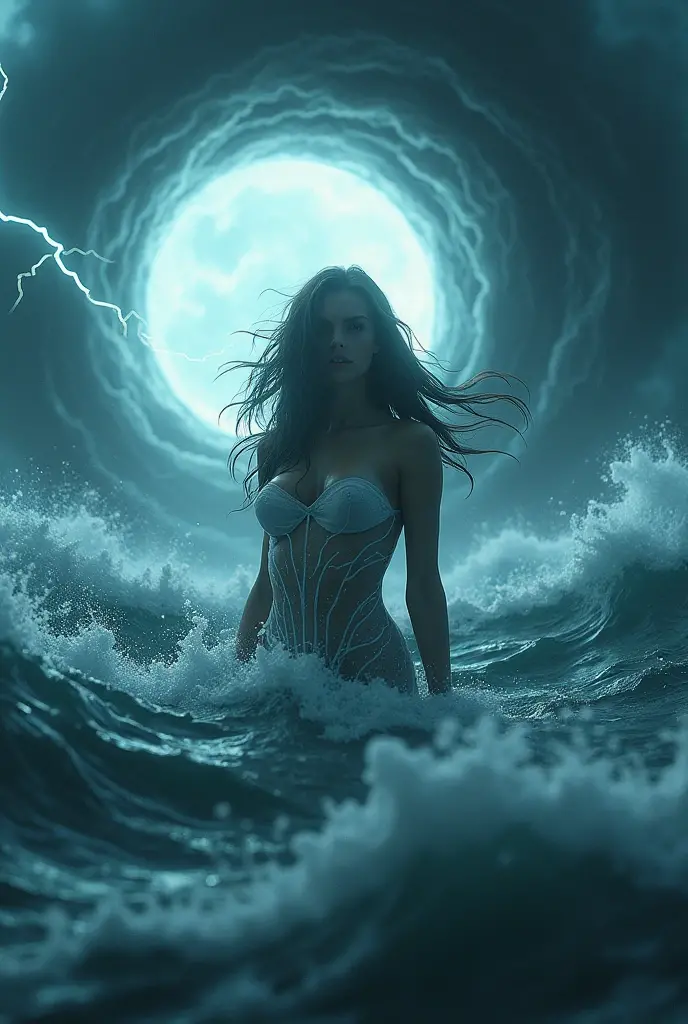 the depths and darkest part of the ocean, a tribut to the life on the depths and the death of the light, woman with 22 years old, blue long hair, floating at the surface of the ocean at night, beautiful face, emerald eyes, detailed perfect body, full body, phosphorescent skin, red glowing skin, at background there is a big storm wall, above the storm there are stars, luminescent, 8K, HD,