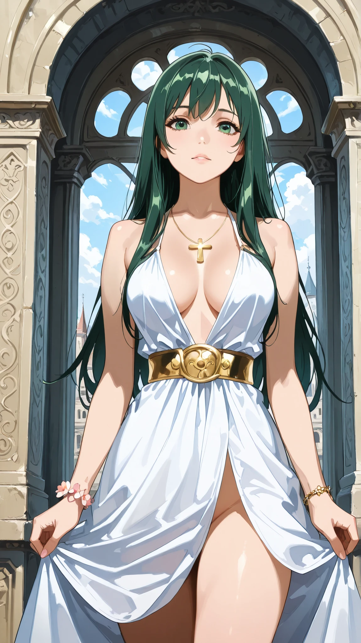center , masterpiece , looking at the viewer, absurd,A girl, score_9, score_8_up, score_7_up, source _ anime ROMPS Sasha , green eyes , for the red ,Long Hair, Big , white dress1, dress, neckline, petal bracelet, gold belt, joyería, Letrilla , wallpaper , Side opening, high aperture , cross opening , Absolute Field , thighs,Architecture of Greece,exterior, sunny, luz natural, naked bare breasts naked body and exciting face