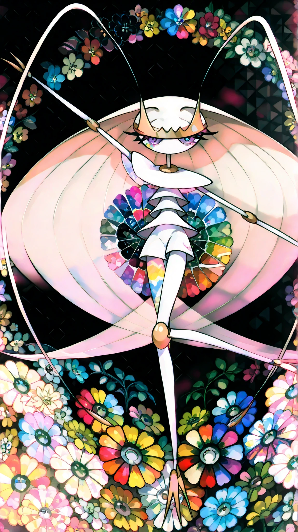 (in style of Takashi Murakami:1.0), beatiful face, feet,best quality,tonemapping, sharp focus, hyper detailed,(pheromosa),best quality,beautiful,pokemon,(2 fingers),(Clear eyes),solo,detaileds,8K,(slender:1.3),wallpaper,jumping kick,(Colorful flowers on black background:1.4), (pheromosa:1.0), intricate digital painting, highly intricate and colorful, dark but detailed digital art, Highly detailed symmetry, detailed digital artwork, Symmetrical intricate details, plethora of colors,colorful intricate masterpiece,(kaleidoscopic:1.1),(Geometric pattern background)、Sticker style,flower painted body, (cel anime:1.3)