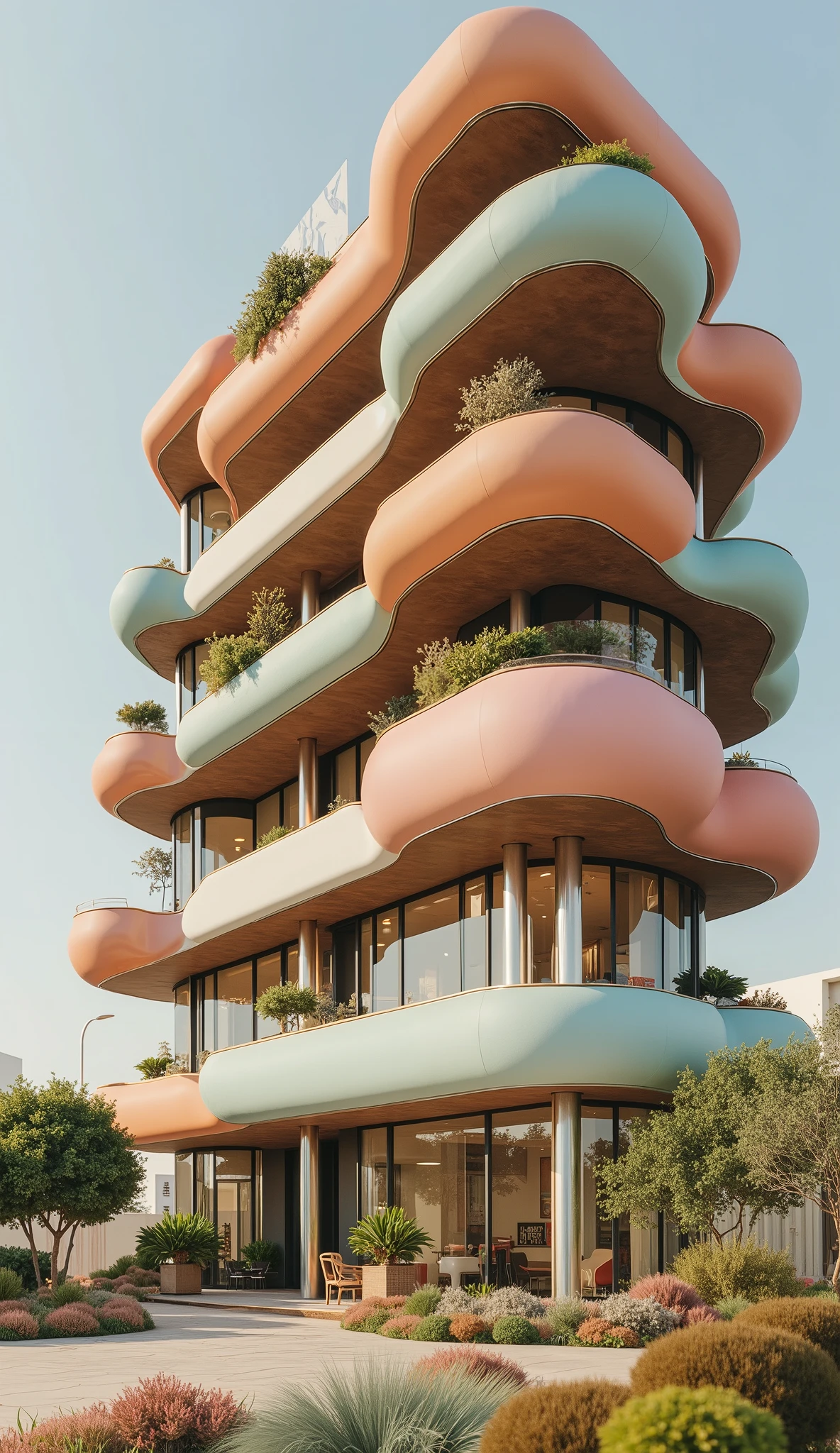 Close-up of a beautiful smiling Norwegian woman. A hyperrealistic photo of an office building in Dubai, made with futuristic, capsule-shaped horizontal modules of different colors, in the style of artist Pablo de la Chapelle and influenced by the works of Piet Mondrian. It also features high-tech architectural-style metal tubes and cantilevered terraces with lush vegetation. The overall atmosphere is cyberpunk and futuristic. It has several floors and balconies. It is surrounded by vegetation. Use a Canon EOS camera with an f/8 aperture to capture details. Make sure there is no bokeh effect.