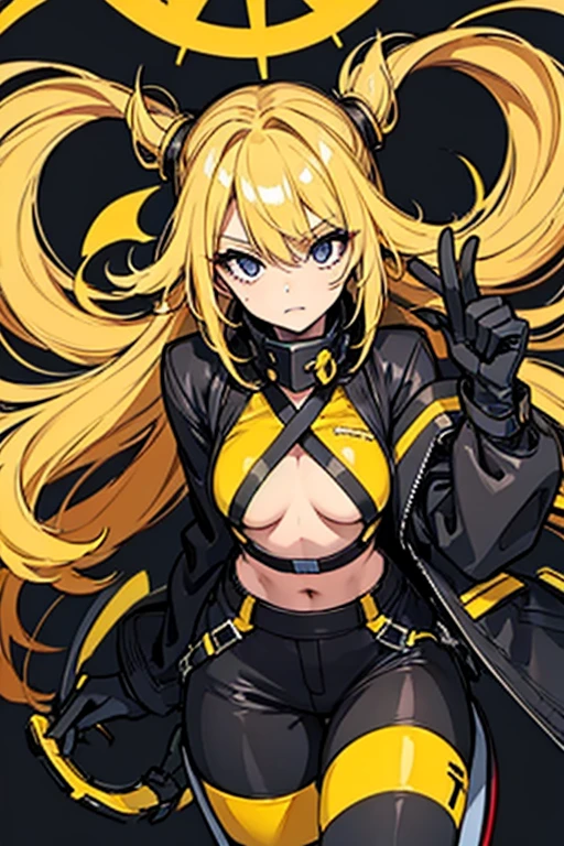 Sexy Hermaphrodite, Plump, pursed lips, freckles, Long curly black and yellow hair with bangs, Crystal blue eyes with smoky eyeshadow and black eyeliner, Black semi-matt lipstick, Dark Skin, A frivolous, proud smile, ,Full body image、Background white、Stiletto heel thigh-high boots