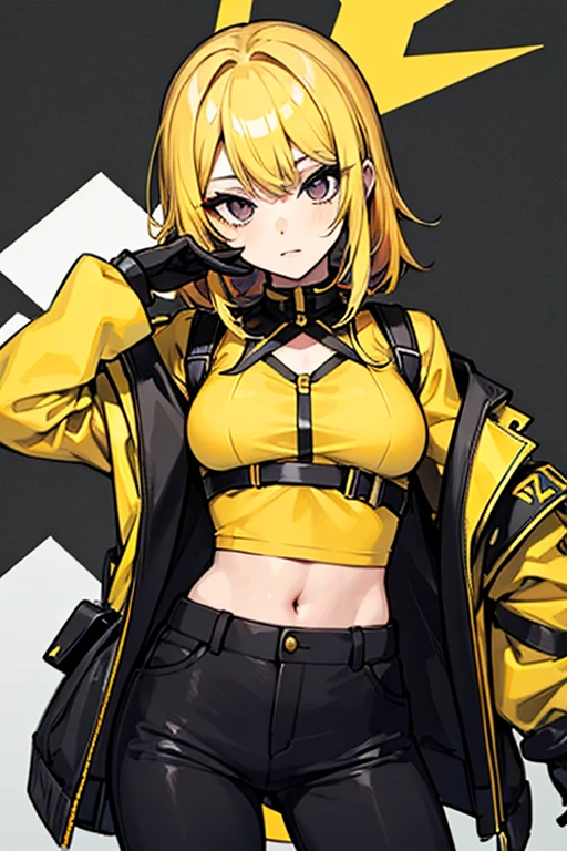 ((Portrait)), She has a Cheerful and Striking Appearance, with a Vibrant Charm, Fair Skin, and a Slender Build. She Expresses a Bright and Enthusiastic Look, Giving Off an Energetic Attitude. She has Orange Eyes, and Her Hair is Short and Tousled, Light Blonde, with Strands Falling Over Her Face. She Wears an Open Orange Jacket with a Black Crop Top, Revealing Her Midriff, and a Aviator Cap. ((Portrait, HDR, Dark Background))