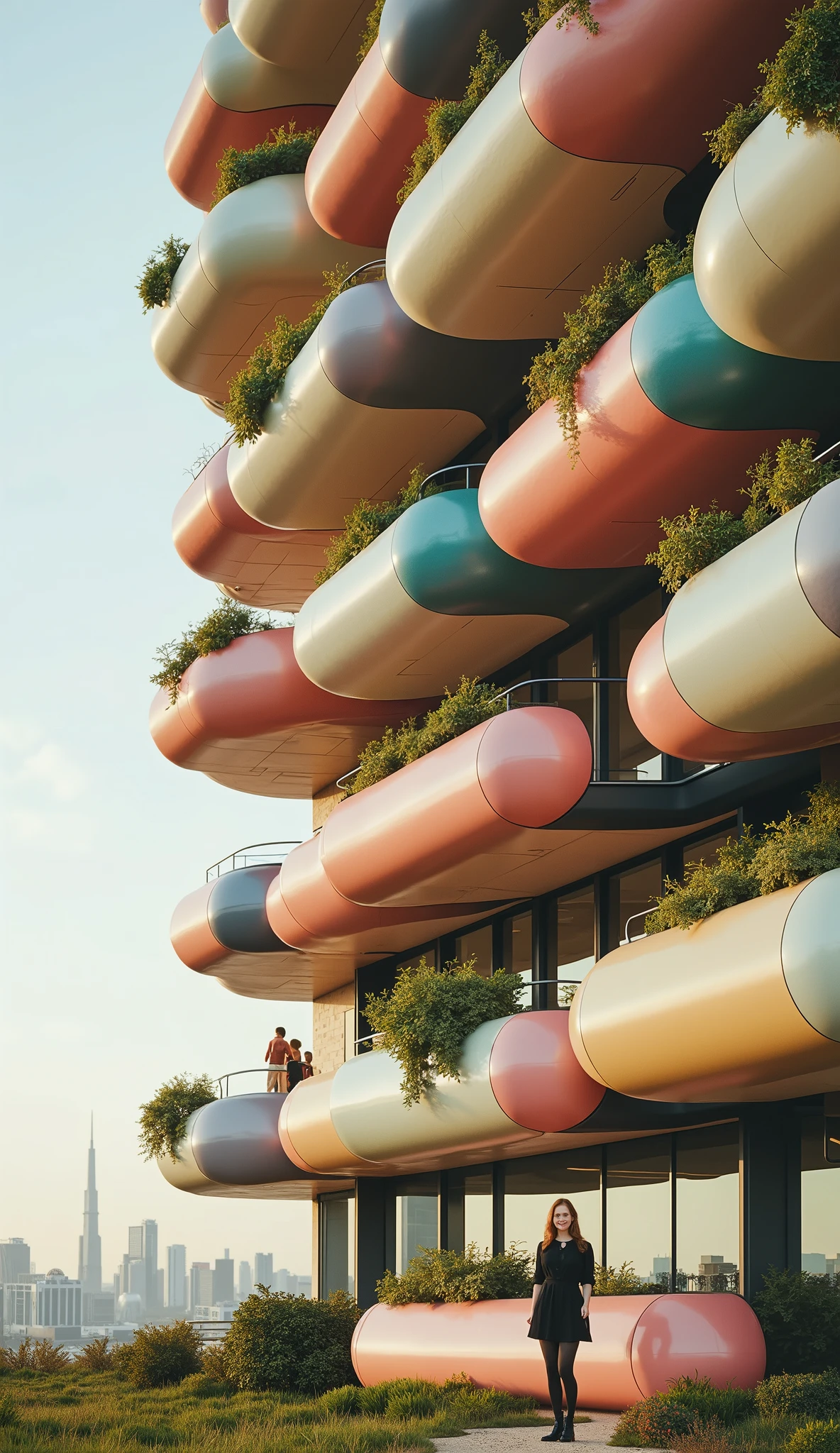 Close-up of a beautiful smiling Norwegian woman. A hyperrealistic photo of an office building in Dubai, made with futuristic, capsule-shaped horizontal modules of different colors, in the style of artist Pablo de la Chapelle and influenced by the works of Piet Mondrian. It also features high-tech architectural-style metal tubes and cantilevered terraces with lush vegetation. The overall atmosphere is cyberpunk and futuristic. It has several floors and balconies. It is surrounded by vegetation. Use a Canon EOS camera with an f/8 aperture to capture details. Make sure there is no bokeh effect.