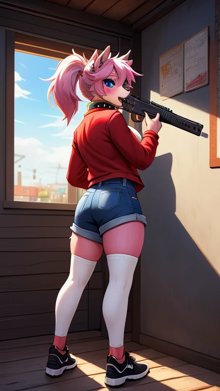 naked girl with pink hair and bunny headband, hold a big shotgun, from below angle