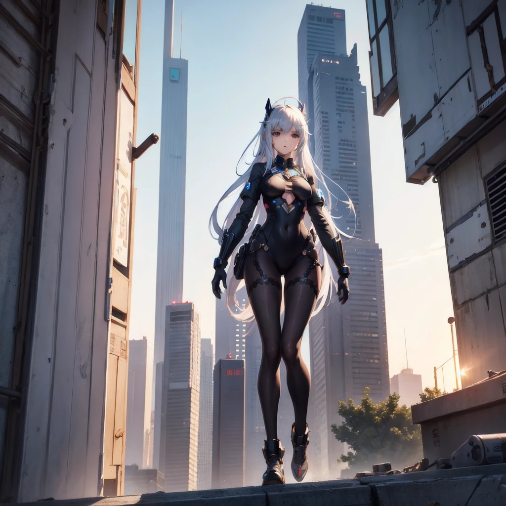 white cat, server bank armor, energy sword, headset on head, Rooftop of a high-rise building in a futuristic city, excited expressions, eyes set on unknown territory, The wind of the city from behind, The cat's fur is waving in the wind, noir urban landscape,