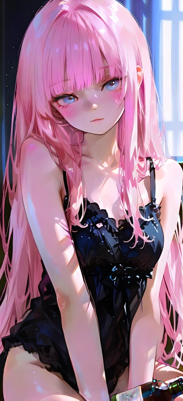 (((Browsing Caution:1.5))){{masterpiece:1.5}},{Detailed and beautiful depiction 1.5},Official Art,Beautiful adult woman 1,Megurine Luka,Pink long hair,blue eyes,Large Breasts,Facing forward,Erotic temptation,Black Bra,Black shorts,Sexy Underwear,bedroom