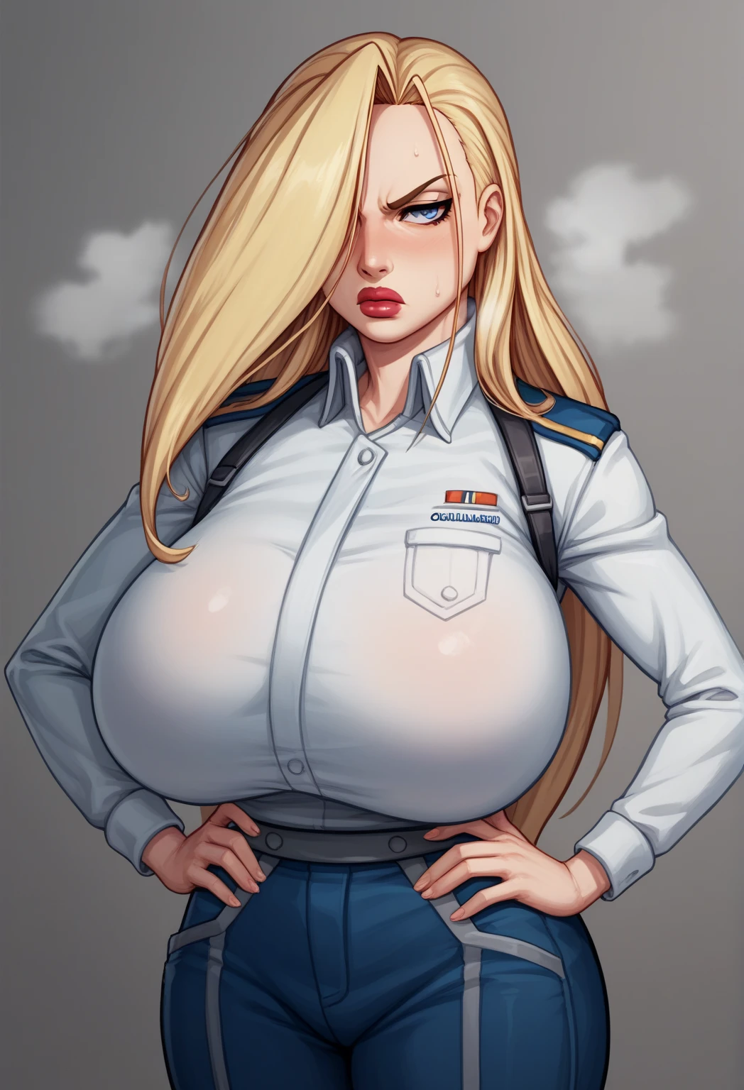 a beautiful girl with long blonde hair in a police officer costume, extremely detailed face and eyes, detailed facial features, detailed skin, flawless skin, beautiful lips, solo portrait, high quality, 8K, ultra-detailed, realistic, photorealistic, photo-realistic, physically-based rendering, sharp focus, vivid colors, intricate details, cinematic lighting, dramatic lighting, dramatic pose, police uniform, hat, badge, dramatic atmosphere, realistic textures, sexy Perfect sensual body large breast and huge thighs, firness body