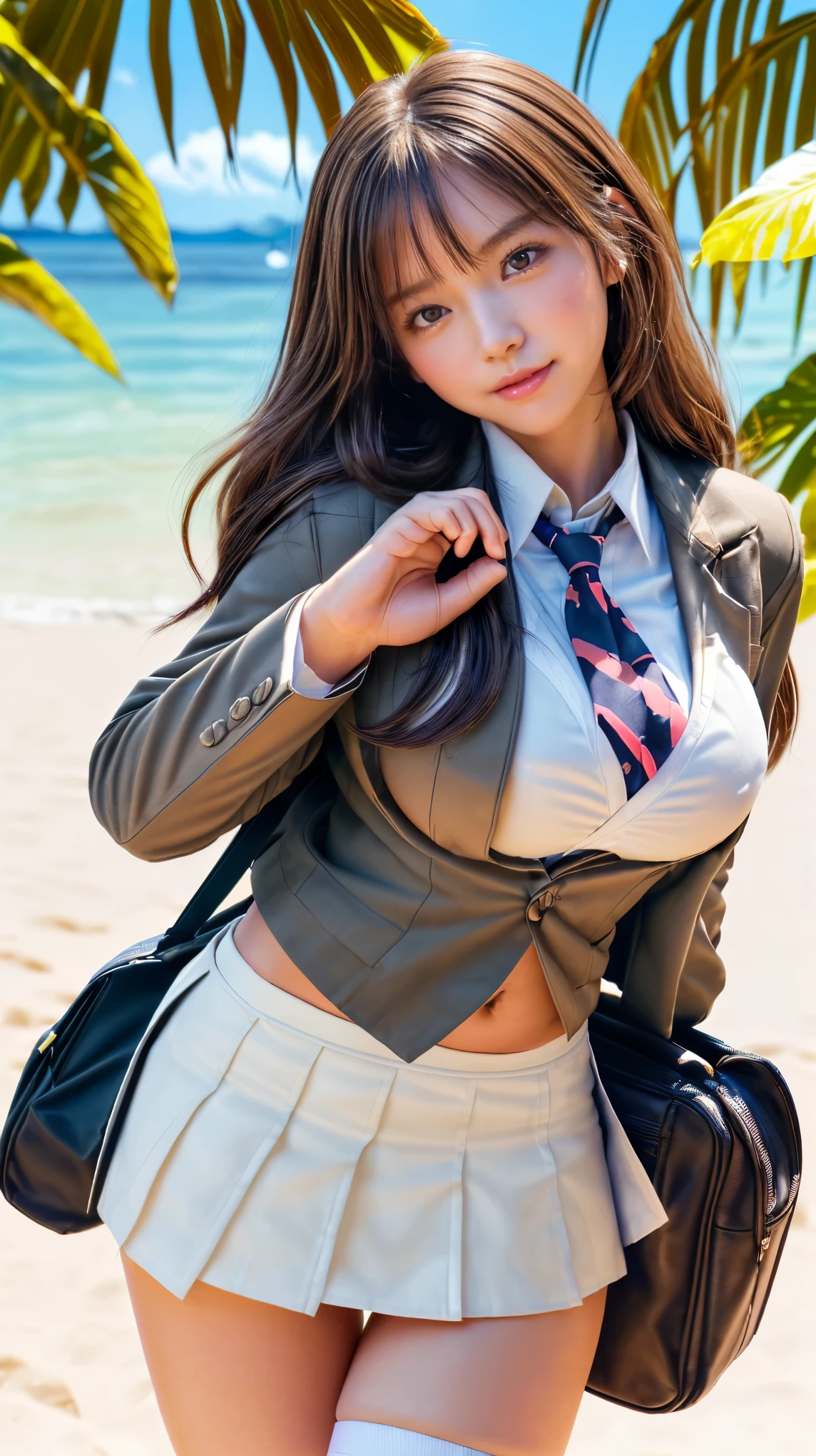 ((top-quality、8K、masterpiece:1.3))、Beautiful woman with perfect body shape:1.4、((Brown hair、tits out:1.2))、Put your arms behind your head、student clothes(((Eaton jacket type school uniform、a miniskirt)))、On the beach、Highly detailed facial and skin texture、A detailed eye、二重まぶた